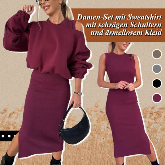 Zeitlich begrenzter Rabatt💥Damen-Set mit Sweatshirt mit schrägen Schultern und ärmellosem Kleid