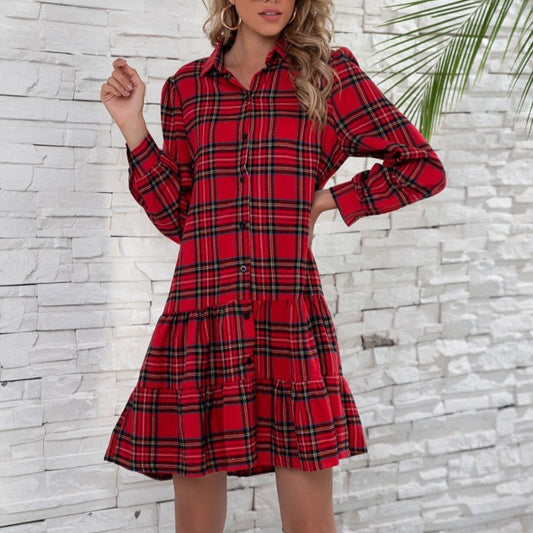 Weihnachtliches kariertes Kurzkleid mit Hemdkragen für Damen